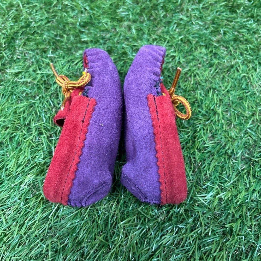 Unbranded Moccasin Slippers Kids Size 0-6 mo Red‎ Purple Beaded Suede Excellent